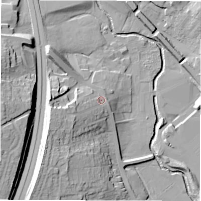 Shaded relief map of the ground around S755NQ, computed from Environment Agency LiDAR. The ground here sits at about 66 m above sea level and falls 34 m across the surrounding 800 m. Surface water reaching this point runs off ground lying to the west-south-west, 13.8 m higher.
