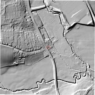 Shaded relief map of the ground around S755NT, computed from Environment Agency LiDAR. The ground here sits at about 59 m above sea level and falls 24 m across the surrounding 800 m. Surface water reaching this point runs off ground lying to the west-north-west, 8.8 m higher.