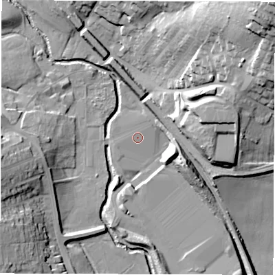Shaded relief map of the ground around S755QX, computed from Environment Agency LiDAR. The ground here sits at about 59 m above sea level and falls 39 m across the surrounding 800 m. Surface water reaching this point runs off ground lying to the north-east, 0.9 m higher.