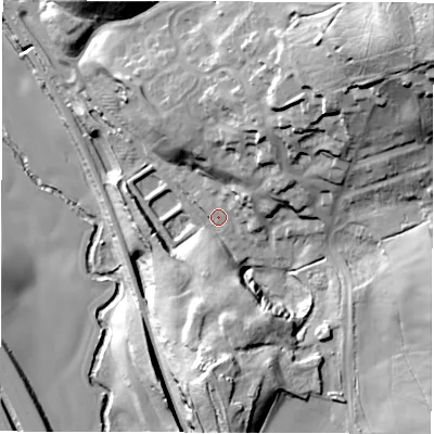 Shaded relief map of the ground around S755RU, computed from Environment Agency LiDAR. The ground here sits at about 76 m above sea level and falls 63 m across the surrounding 800 m. Surface water reaching this point runs off ground lying to the north-east, 52.0 m higher.