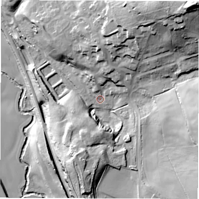 Shaded relief map of the ground around S755RY, computed from Environment Agency LiDAR. The ground here sits at about 76 m above sea level and falls 78 m across the surrounding 800 m. Surface water reaching this point runs off ground lying to the north-north-east, 13.2 m higher.