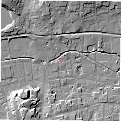 Shaded relief map of the ground around S801AA, computed from Environment Agency LiDAR. The ground here sits at about 32 m above sea level and falls 16 m across the surrounding 800 m. Surface water reaching this point runs off ground lying to the south-south-west, 14.5 m higher.