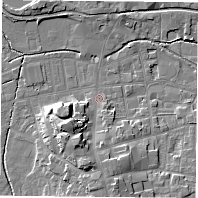 Shaded relief map of the ground around S801DA, computed from Environment Agency LiDAR. The ground here sits at about 34 m above sea level and falls 16 m across the surrounding 800 m. Surface water reaching this point runs off ground lying to the south-south-west, 12.6 m higher.