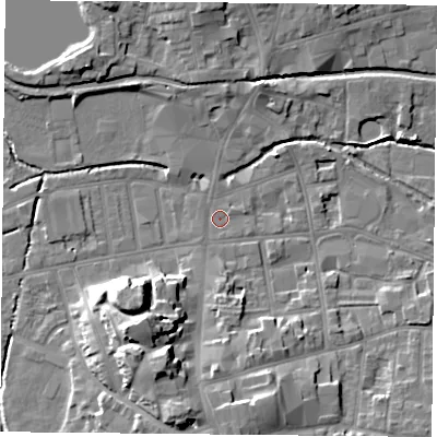 Shaded relief map of the ground around S801DP, computed from Environment Agency LiDAR. The ground here sits at about 32 m above sea level and falls 16 m across the surrounding 800 m. Surface water reaching this point runs off ground lying to the south-west, 0.8 m higher.