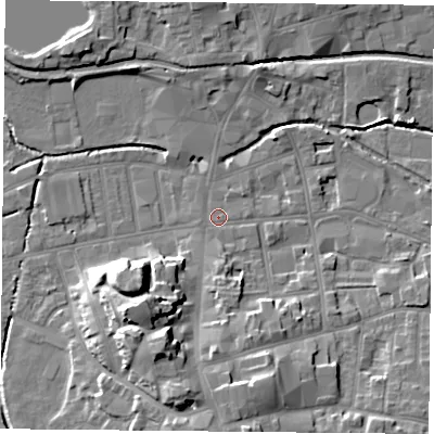 Shaded relief map of the ground around S801DR, computed from Environment Agency LiDAR. The ground here sits at about 33 m above sea level and falls 16 m across the surrounding 800 m. Surface water reaching this point runs off ground lying to the south-south-west, 13.0 m higher.
