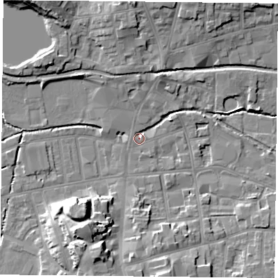 Shaded relief map of the ground around S801DS, computed from Environment Agency LiDAR. The ground here sits at about 32 m above sea level and falls 16 m across the surrounding 800 m. Surface water reaching this point runs off ground lying to the north-north-east, 4.3 m higher.