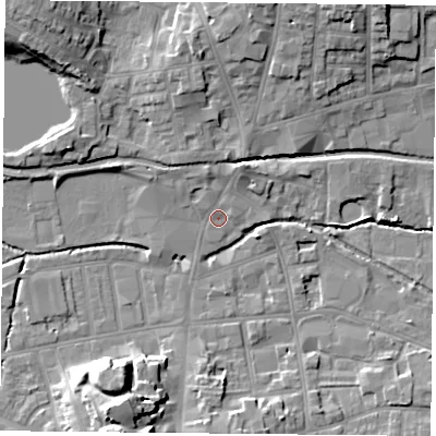 Shaded relief map of the ground around S801DT, computed from Environment Agency LiDAR. The ground here sits at about 33 m above sea level and falls 16 m across the surrounding 800 m. Surface water reaching this point runs off ground lying to the north-north-east, 2.9 m higher.