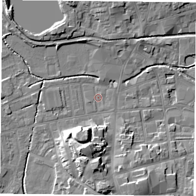 Shaded relief map of the ground around S801EH, computed from Environment Agency LiDAR. The ground here sits at about 32 m above sea level and falls 16 m across the surrounding 800 m. Surface water reaching this point runs off ground lying to the south, 14.5 m higher.