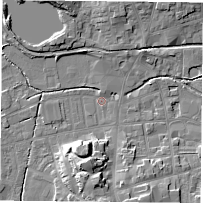 Shaded relief map of the ground around S801EJ, computed from Environment Agency LiDAR. The ground here sits at about 32 m above sea level and falls 16 m across the surrounding 800 m. Surface water reaching this point runs off ground lying to the south, 14.5 m higher.