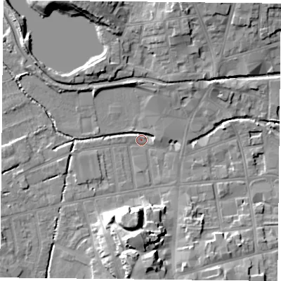 Shaded relief map of the ground around S801EL, computed from Environment Agency LiDAR. The ground here sits at about 32 m above sea level and falls 16 m across the surrounding 800 m. Surface water reaching this point runs off ground lying to the south, 14.4 m higher.