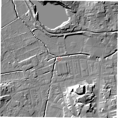 Shaded relief map of the ground around S801EN, computed from Environment Agency LiDAR. The ground here sits at about 33 m above sea level and falls 15 m across the surrounding 800 m. Surface water reaching this point runs off ground lying to the south-south-east, 14.5 m higher.