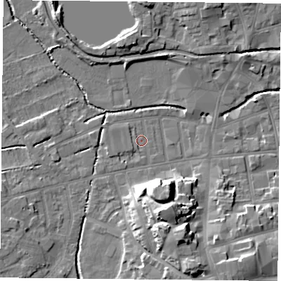 Shaded relief map of the ground around S801EP, computed from Environment Agency LiDAR. The ground here sits at about 32 m above sea level and falls 15 m across the surrounding 800 m. Surface water reaching this point runs off ground lying to the south-west, 5.3 m higher.