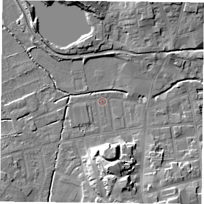 Shaded relief map of the ground around S801ER, computed from Environment Agency LiDAR. The ground here sits at about 32 m above sea level and falls 15 m across the surrounding 800 m. Surface water reaching this point runs off ground lying to the south-south-east, 14.5 m higher.