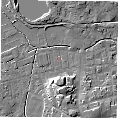 Shaded relief map of the ground around S801ES, computed from Environment Agency LiDAR. The ground here sits at about 32 m above sea level and falls 15 m across the surrounding 800 m. Surface water reaching this point runs off ground lying to the south, 14.5 m higher.
