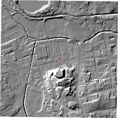Shaded relief map of the ground around S801ET, computed from Environment Agency LiDAR. The ground here sits at about 32 m above sea level and falls 15 m across the surrounding 800 m. Surface water reaching this point runs off ground lying to the south-south-east, 13.2 m higher.