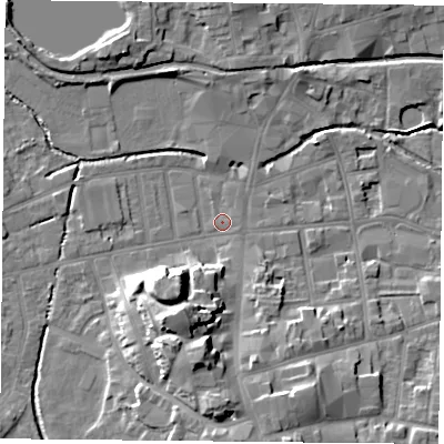 Shaded relief map of the ground around S801EU, computed from Environment Agency LiDAR. The ground here sits at about 33 m above sea level and falls 16 m across the surrounding 800 m. Surface water reaching this point runs off ground lying to the east-south-east, 0.8 m higher.
