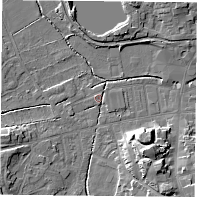 Shaded relief map of the ground around S801EW, computed from Environment Agency LiDAR. The ground here sits at about 34 m above sea level and falls 15 m across the surrounding 800 m. Surface water reaching this point runs off ground lying to the west-south-west, 8.8 m higher.