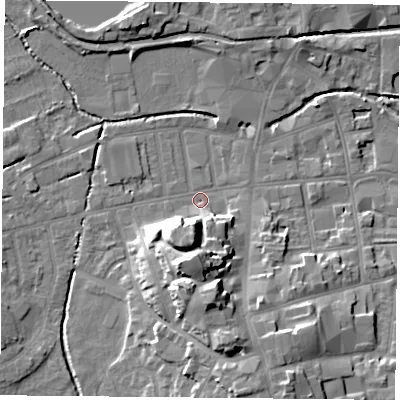 Shaded relief map of the ground around S801EY, computed from Environment Agency LiDAR. The ground here sits at about 32 m above sea level and falls 16 m across the surrounding 800 m. Surface water reaching this point runs off ground lying to the south, 13.4 m higher.