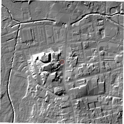 Shaded relief map of the ground around S801JA, computed from Environment Agency LiDAR. The ground here sits at about 36 m above sea level and falls 16 m across the surrounding 800 m. Surface water reaching this point runs off ground lying to the south-south-west, 10.7 m higher.