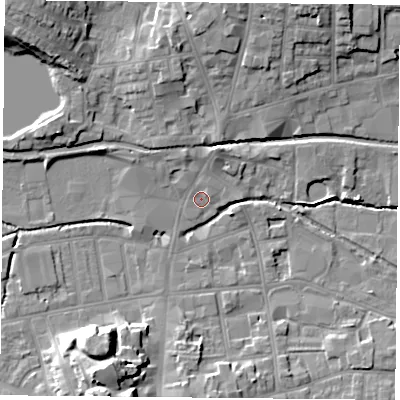 Shaded relief map of the ground around S801JJ, computed from Environment Agency LiDAR. The ground here sits at about 32 m above sea level and falls 16 m across the surrounding 800 m. Surface water reaching this point runs off ground lying to the north-north-east, 2.7 m higher.