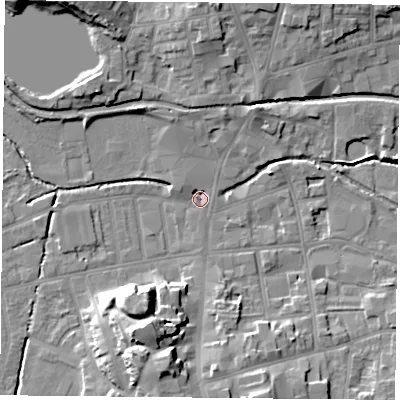 Shaded relief map of the ground around S801JL, computed from Environment Agency LiDAR. The ground here sits at about 32 m above sea level and falls 16 m across the surrounding 800 m. Surface water reaching this point runs off ground lying to the west-north-west, 2.3 m higher.