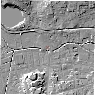 Shaded relief map of the ground around S801JN, computed from Environment Agency LiDAR. The ground here sits at about 33 m above sea level and falls 16 m across the surrounding 800 m. Surface water reaching this point runs off ground lying to the west-north-west, 0.7 m higher.