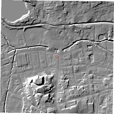 Shaded relief map of the ground around S801JQ, computed from Environment Agency LiDAR. The ground here sits at about 33 m above sea level and falls 16 m across the surrounding 800 m. Surface water reaching this point runs off ground lying to the south, 0.8 m higher.