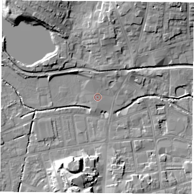 Shaded relief map of the ground around S801JR, computed from Environment Agency LiDAR. The ground here sits at about 33 m above sea level and falls 16 m across the surrounding 800 m. Surface water reaching this point runs off ground lying to the south-south-west, 0.6 m higher.