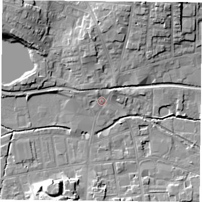 Shaded relief map of the ground around S801JS, computed from Environment Agency LiDAR. The ground here sits at about 34 m above sea level and falls 16 m across the surrounding 800 m. Surface water reaching this point runs off ground lying to the north-east, 2.4 m higher.