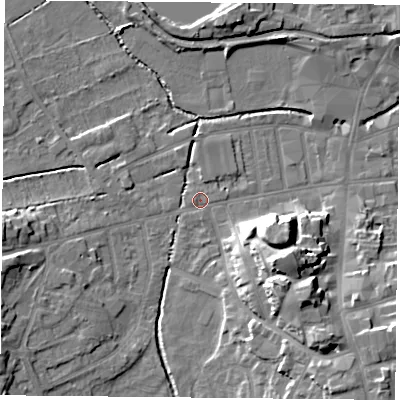 Shaded relief map of the ground around S801LA, computed from Environment Agency LiDAR. The ground here sits at about 33 m above sea level and falls 15 m across the surrounding 800 m. Surface water reaching this point runs off ground lying to the south-west, 1.7 m higher.