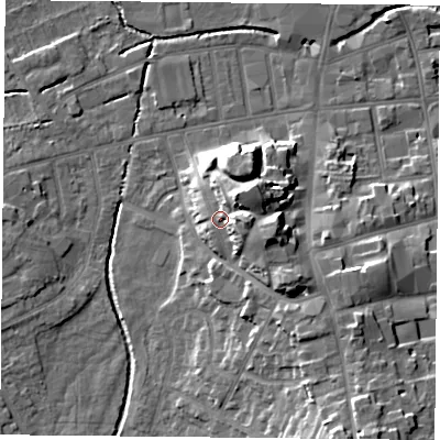 Shaded relief map of the ground around S801LF, computed from Environment Agency LiDAR. The ground here sits at about 39 m above sea level and falls 16 m across the surrounding 800 m. Surface water reaching this point runs off ground lying to the east, 6.8 m higher.