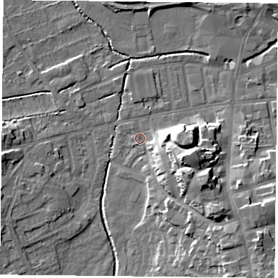 Shaded relief map of the ground around S801LU, computed from Environment Agency LiDAR. The ground here sits at about 33 m above sea level and falls 15 m across the surrounding 800 m. Surface water reaching this point runs off ground lying to the south-east, 12.5 m higher.