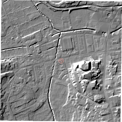 Shaded relief map of the ground around S801LX, computed from Environment Agency LiDAR. The ground here sits at about 33 m above sea level and falls 15 m across the surrounding 800 m. Surface water reaching this point runs off ground lying to the south-east, 13.1 m higher.