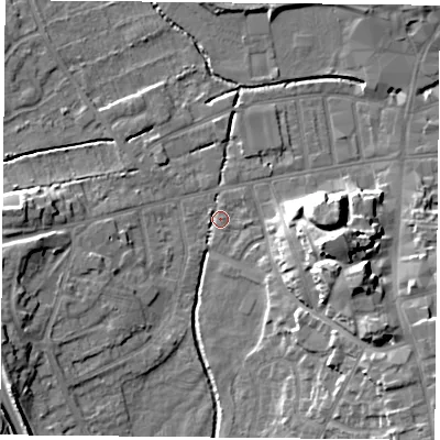 Shaded relief map of the ground around S801LY, computed from Environment Agency LiDAR. The ground here sits at about 34 m above sea level and falls 14 m across the surrounding 800 m. Surface water reaching this point runs off ground lying to the west-south-west, 1.7 m higher.