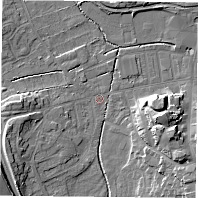 Shaded relief map of the ground around S801LZ, computed from Environment Agency LiDAR. The ground here sits at about 33 m above sea level and falls 14 m across the surrounding 800 m. Surface water reaching this point runs off ground lying to the south-west, 8.6 m higher.