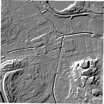 Shaded relief map of the ground around S801ND, computed from Environment Agency LiDAR. The ground here sits at about 33 m above sea level and falls 14 m across the surrounding 800 m. Surface water reaching this point runs off ground lying to the west, 2.0 m higher.