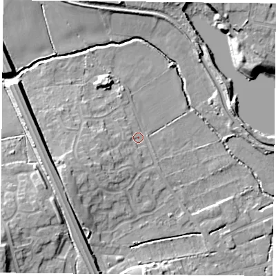Shaded relief map of the ground around S801NF, computed from Environment Agency LiDAR. The ground here sits at about 34 m above sea level and falls 14 m across the surrounding 800 m. Surface water reaching this point runs off ground lying to the west-south-west, 4.9 m higher.