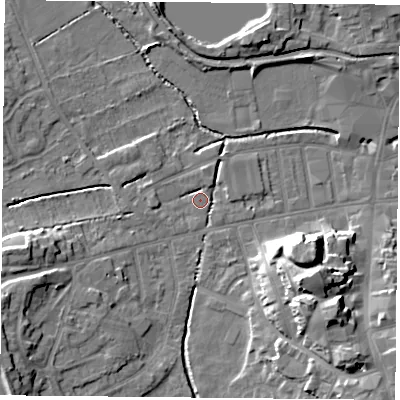 Shaded relief map of the ground around S801NS, computed from Environment Agency LiDAR. The ground here sits at about 33 m above sea level and falls 14 m across the surrounding 800 m. Surface water reaching this point runs off ground lying to the south-west, 9.8 m higher.