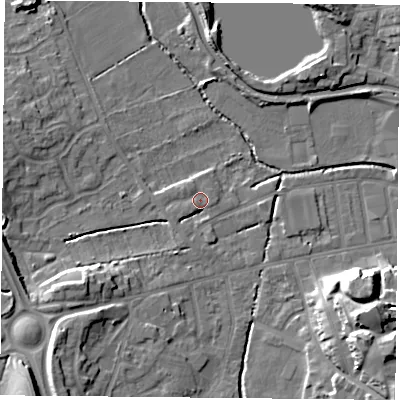 Shaded relief map of the ground around S801NT, computed from Environment Agency LiDAR. The ground here sits at about 34 m above sea level and falls 14 m across the surrounding 800 m. Surface water reaching this point runs off ground lying to the west-south-west, 0.9 m higher.