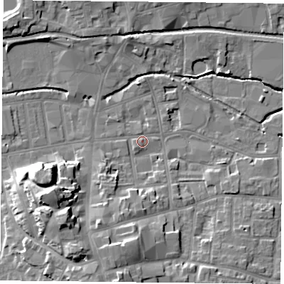 Shaded relief map of the ground around S802AR, computed from Environment Agency LiDAR. The ground here sits at about 33 m above sea level and falls 16 m across the surrounding 800 m. Surface water reaching this point runs off ground lying to the south-west, 13.5 m higher.