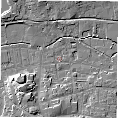 Shaded relief map of the ground around S802AS, computed from Environment Agency LiDAR. The ground here sits at about 32 m above sea level and falls 16 m across the surrounding 800 m. Surface water reaching this point runs off ground lying to the south-west, 14.5 m higher.
