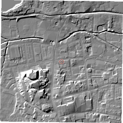 Shaded relief map of the ground around S802AT, computed from Environment Agency LiDAR. The ground here sits at about 33 m above sea level and falls 16 m across the surrounding 800 m. Surface water reaching this point runs off ground lying to the south-south-west, 13.2 m higher.