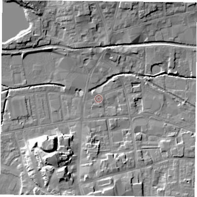 Shaded relief map of the ground around S802AU, computed from Environment Agency LiDAR. The ground here sits at about 32 m above sea level and falls 16 m across the surrounding 800 m. Surface water reaching this point runs off ground lying to the south-south-west, 14.5 m higher.