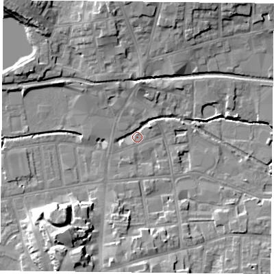 Shaded relief map of the ground around S802AY, computed from Environment Agency LiDAR. The ground here sits at about 32 m above sea level and falls 16 m across the surrounding 800 m. Surface water reaching this point runs off ground lying to the south-south-west, 14.5 m higher.