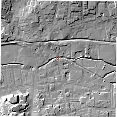 Shaded relief map of the ground around S802BA, computed from Environment Agency LiDAR. The ground here sits at about 33 m above sea level and falls 16 m across the surrounding 800 m. Surface water reaching this point runs off ground lying to the north-west, 4.4 m higher.