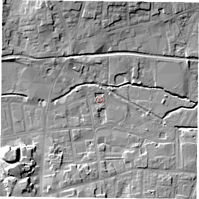 Shaded relief map of the ground around S802BD, computed from Environment Agency LiDAR. The ground here sits at about 32 m above sea level and falls 17 m across the surrounding 800 m. Surface water reaching this point runs off ground lying to the south-west, 14.5 m higher.