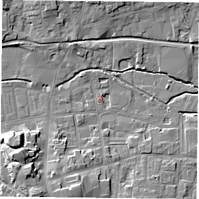 Shaded relief map of the ground around S802BG, computed from Environment Agency LiDAR. The ground here sits at about 32 m above sea level and falls 17 m across the surrounding 800 m. Surface water reaching this point runs off ground lying to the south-south-west, 12.1 m higher.