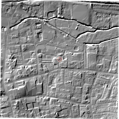 Shaded relief map of the ground around S802BJ, computed from Environment Agency LiDAR. The ground here sits at about 34 m above sea level and falls 16 m across the surrounding 800 m. Surface water reaching this point runs off ground lying to the south-east, 2.3 m higher.