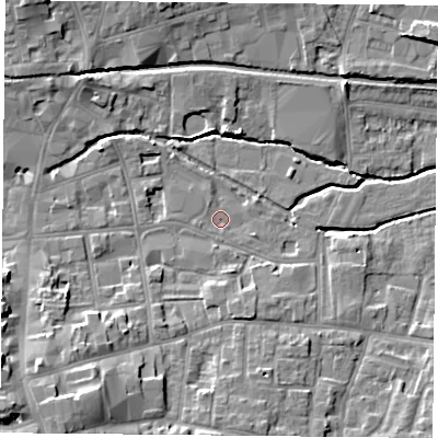 Shaded relief map of the ground around S802BP, computed from Environment Agency LiDAR. The ground here sits at about 32 m above sea level and falls 16 m across the surrounding 800 m. Surface water reaching this point runs off ground lying to the south-west, 13.6 m higher.