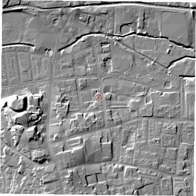 Shaded relief map of the ground around S802BQ, computed from Environment Agency LiDAR. The ground here sits at about 33 m above sea level and falls 17 m across the surrounding 800 m. Surface water reaching this point runs off ground lying to the south-west, 7.0 m higher.